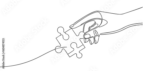 Continuous line drawing of hand holding puzzle pieces on white background teamwork and problem solving concept