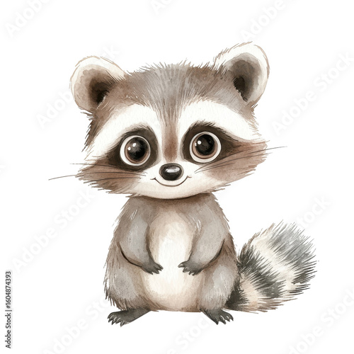 Cute raccoon character with large eyes and fluffy tail stands cheerfully on a white background, evoking a playful and friendly feeling