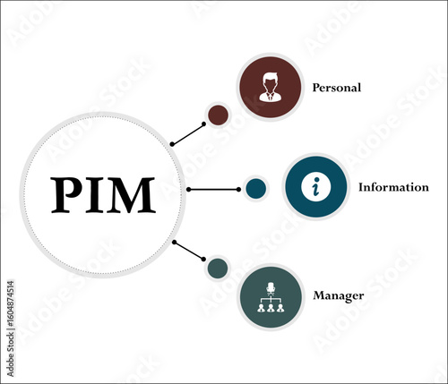PIM - Personal Information Manager acronym. Infographic template with icons and description placeholder