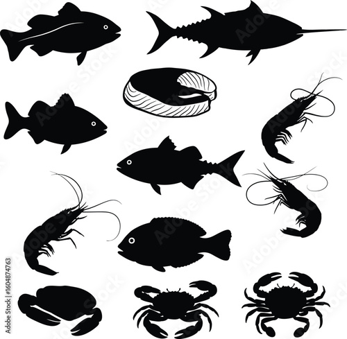 Silhouette Seafood Collection: Fish, Shrimp, Crab & Salmon – Ocean Delicacies Vector Set.