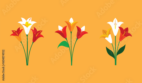 Three stylized floral arrangements featuring white red and orange lily blooms on an orange background