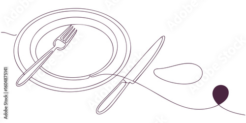 Continuous line drawing of tableware including plate fork knife and abstract shape in dark purple on white background