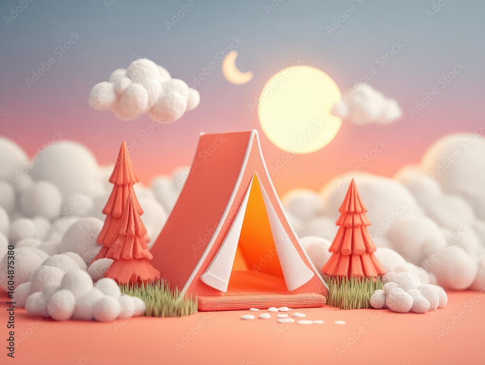 Fototapeta premium Dreamy Camping Scene: Tent in a Whimsical Cloud Landscape at Sunset