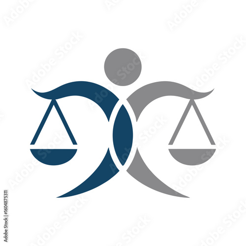 Law and justice logo with abstract person holding scales of balance.