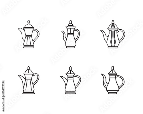 Outline illustrations of traditional Arabian coffee pots set against a white background showing cultural heritage and design elements