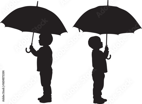 Two children holding umbrellas silhouette