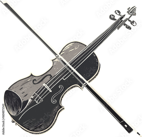 A silhouette of a violin with bow, viewed diagonally