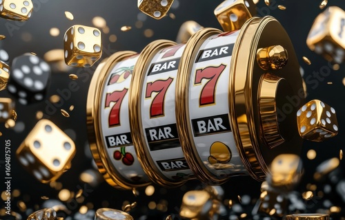 Golden winning slot machine with dice depicting excitement and luck
