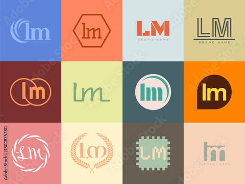 LM logo company template. Letter l and m logotype. Set different classic serif lettering and modern bold text with design elements. Initial font typography.