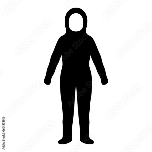 Silhouette of a person in a full body protective suit with hood