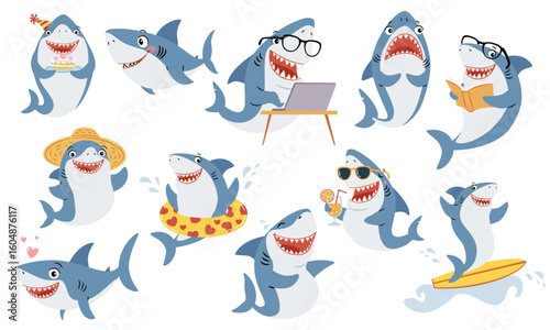 Set of flat vector illustrations in simple style. Cute sharks in different situations and poses. Vector illustration