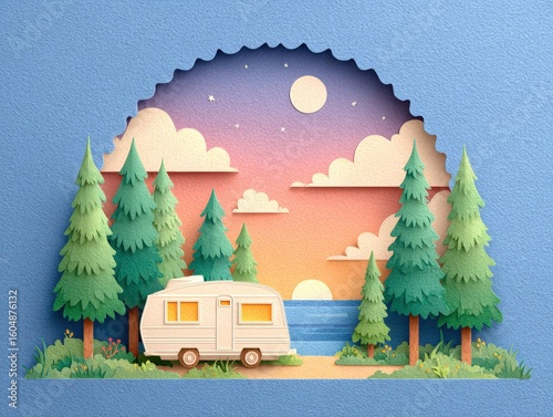Scenic Sunset Camping: RV Adventure in a Paper Art Landscape