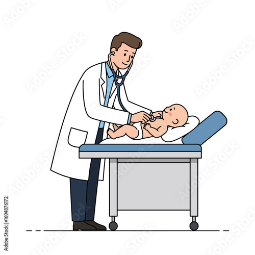 Doctor examining a baby lying on an examination table with a stethoscope, wearing a white coat in a medical setting.