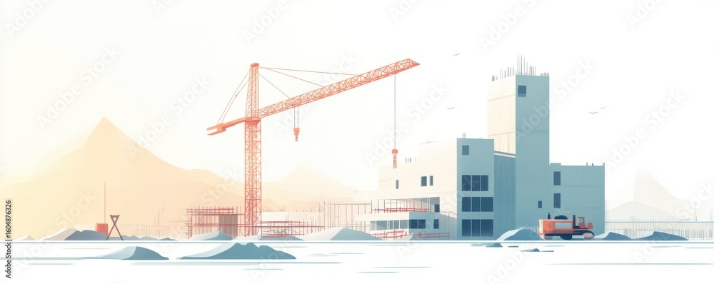 Obraz premium Colorful modern urban skyline under construction with a crane in progress