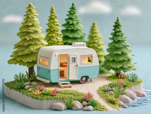 Charming Paper Caravan in a Serene Forest: A Whimsical Camping Adventure