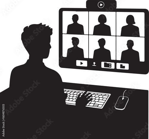 Person using computer for video conference with multiple participants keyboard mouse
