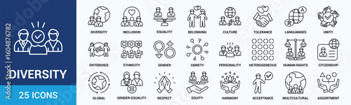 Diversity icon set. Containing equality, culture, languages, tolerance, difference, belonging, human rights and ethnicity icons. Outline icon collection. Vector illustration.