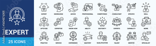 Expert icon set. Containing advice, competence, expertise, knowledge, skill, specialist, experience and more. Outline vector icons collection.