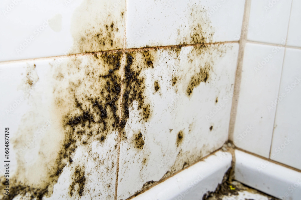 Close-up view of mold on wall tiles in a humid space Generative AI Close-up view of mold on wall tiles in a humid space Generative AI