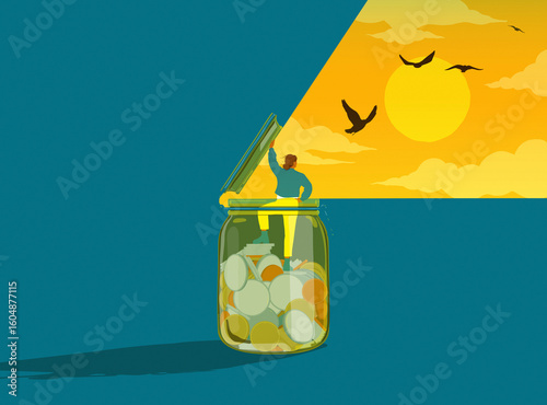 Woman opening savings jar to sunny sky