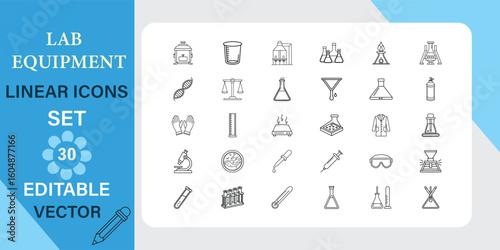 Collection of science laboratory equipment linear icons set on white background