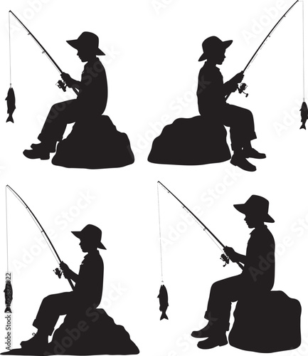 Four fishermen sitting on rocks silhouette
