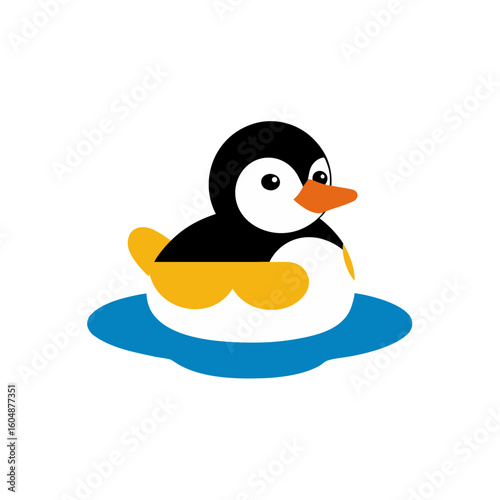 cartoon penguin floating on a rubber duck in the o