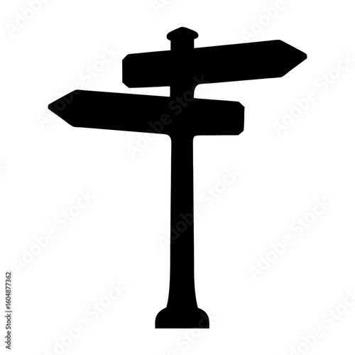 Silhouette of a wooden signpost with two direction arrows pointing different ways