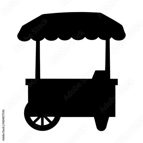 Black silhouette drawing of a food vending cart with wheels and awning