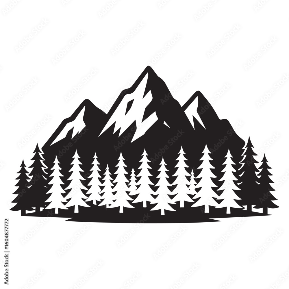 Obraz premium Alpine Peaks and Evergreen Forest Silhouette Minimal Vector Design