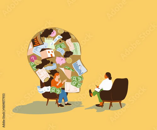 Woman with head full of money worries talking to debt counsellor