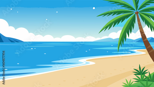 Tropikalna plaża z palmą i morzem. Egzotyczny krajobraz idealny jako tło na wakacyjne projekty.