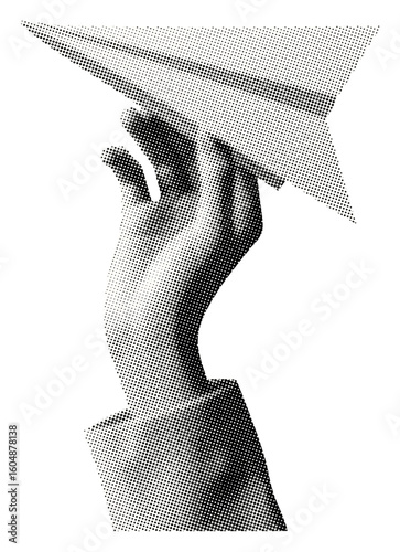 hand launching paper airplane isolated vintage halftone dots texture cut-out retro collage element for mixed media design creativity freedom startup ideas childhood simplicity concepts
