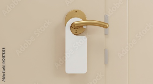 Blank Door Hanger on Gold Door Handle - A white blank door hanger hangs on a gold door handle, ready for your message. Perfect for hotel, motel, or rental property