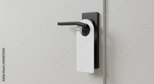 Blank Door Hanger on Hotel Door - A white blank door hanger on a black door handle. Perfect for mockups and design templates