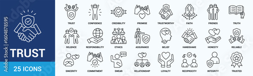 Trust icon set. Containing confidence, credibility, promise, trustworthy, friends, truth, faith, sincerity and honesty. Vector Outline icons collection.
