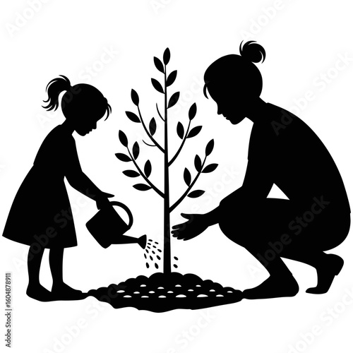Silhouette of mother and child planting tree