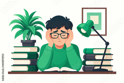 Stressed student struggling with homework feels overwhelmed sitting at desk with books and lamp