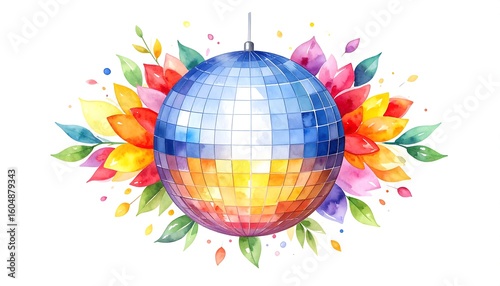 Watercolor disco ball with floral frame