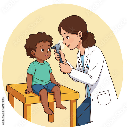 A female doctor uses an otoscope to examine the ear of a young African-American boy sitting on a yellow examination table.