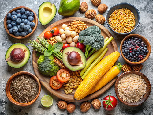 Vibrant assortment of healthy foods including fruits vegetables nuts and grains showcasing a nutritious diet