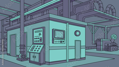 Illustration of an industrial control room with machinery and control panels inside a factory setting