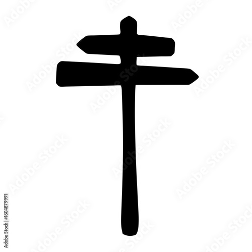 Simple black and white illustration of a two way road signpost