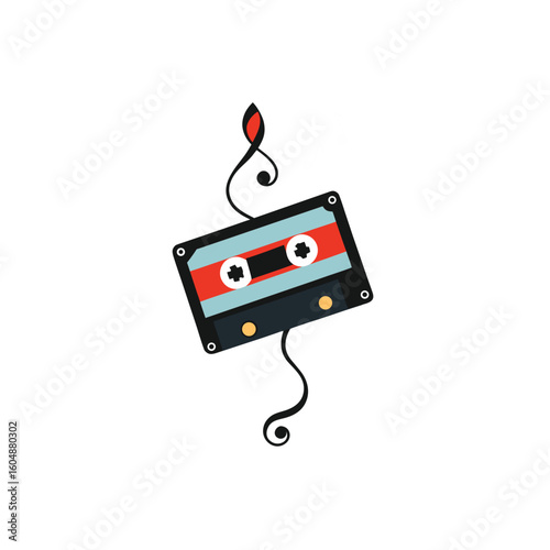 retro cassette tape unraveling with musical notes 
