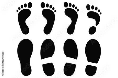 Black footprints on white background human feet
