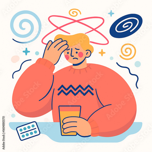 Upset person with headache holding glass next to pills, feeling unwell and stressed from illness