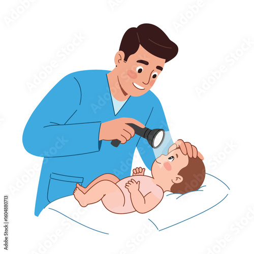 Doctor examining a baby with a flashlight, checking the infant's eyes during a medical checkup on a white pillow.