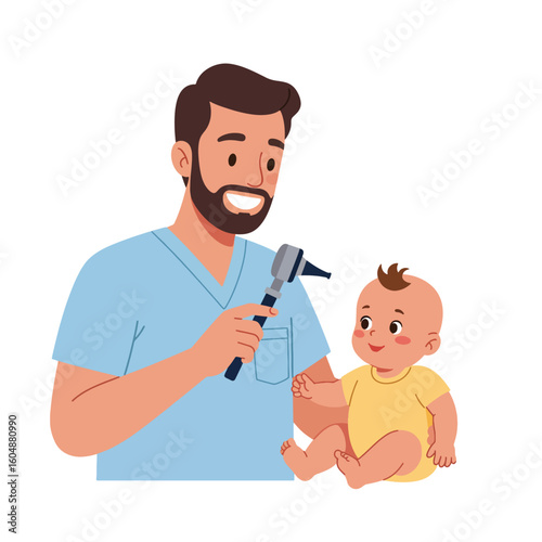A smiling male doctor in scrubs holds an otoscope, preparing to examine the ear of a cute, healthy baby sitting on his lap.