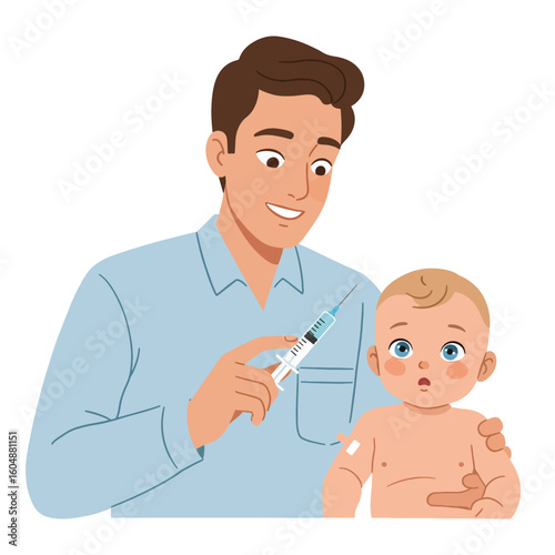 Cartoon illustration of a father giving his baby a vaccination with a syringe, showing a moment of care and protection.