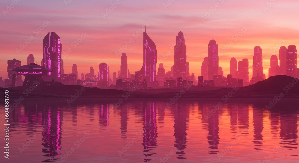 Obraz premium Futuristic Cityscape at Sunset - Stunning sunset view of a futuristic city skyline reflected in calm water. Ideal for science fiction, technology, and urban themes